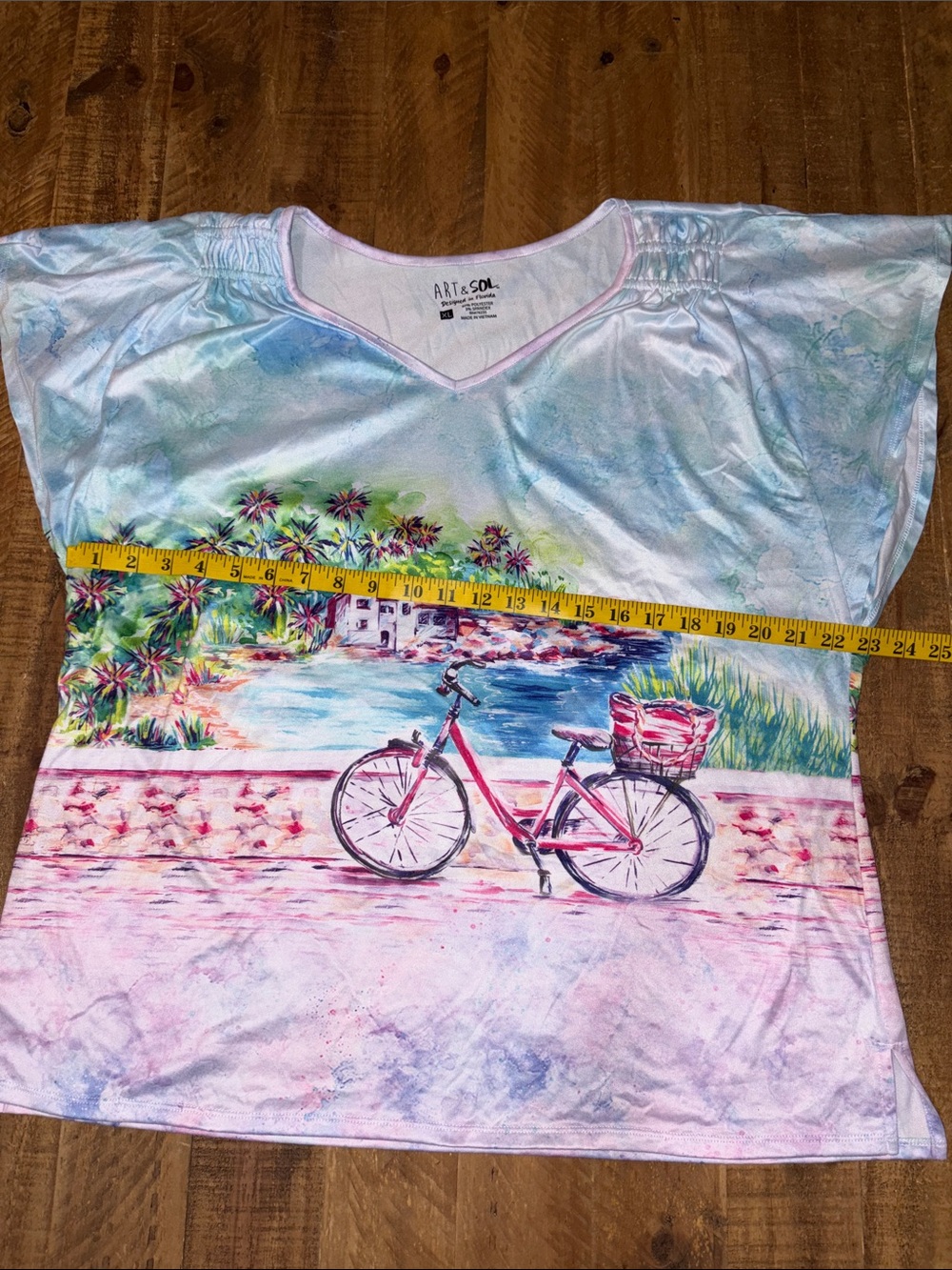 Art & Sol Florida Tropical Pastel Beach Scene V-Neck Top with Bicycle Print - Picture 4 of 5